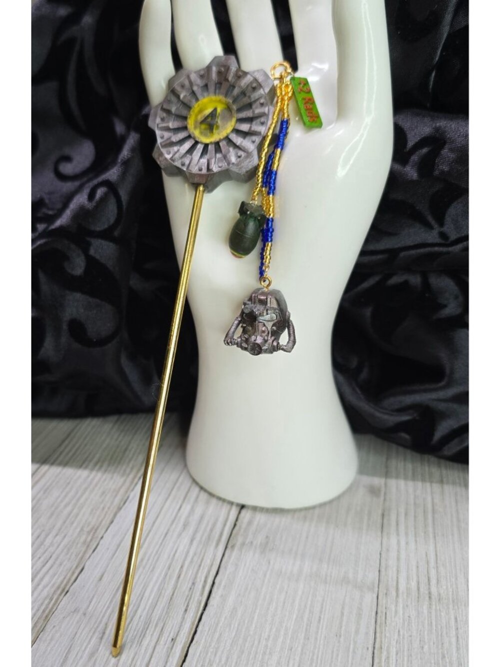 Handmade Fallout Vault Inspired Hair Stick Helmet, Mini Nuke, and +2 Rad Charms